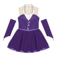 thumbnail image 5 of TiaoBug Kids Girls Sparkly Roller Figure Ice Skating Dress Mesh Splice Ballet Leotard with Gloves Purple 6, 5 of 7