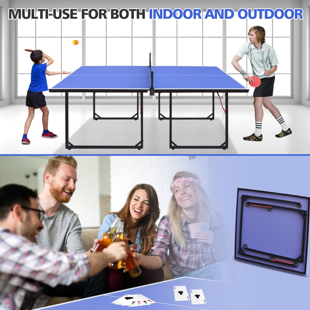 6ft Mid-Size Table Tennis Table, Foldable & Portable Ping Pong Table Set for Indoor & Outdoor Games with Net, 2 Table Tennis Paddles and 3 Balls