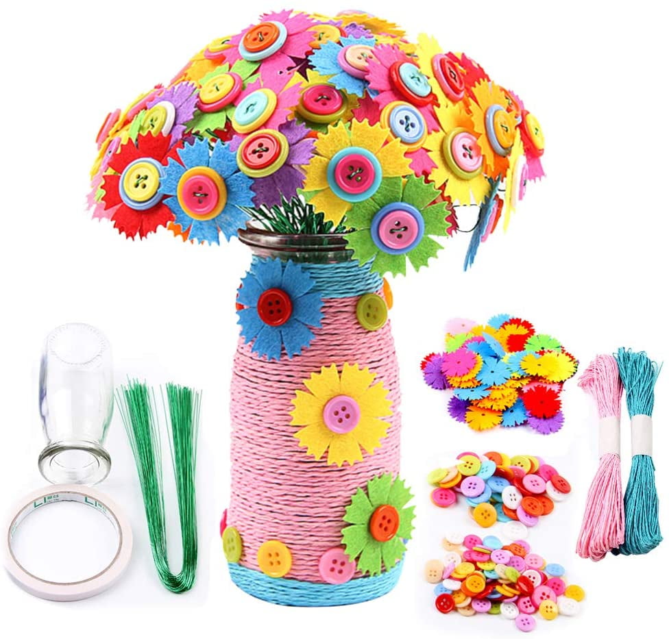 Fun DIY Kid Craft Kit Birthday Gift Decorate Your Own Vase for Girls Flower Kit for Kids Colorful Button & Felt Flowers and Flower Vase Arts and Crafts for girls from Ages 3-12 Flower Craft Kit 
