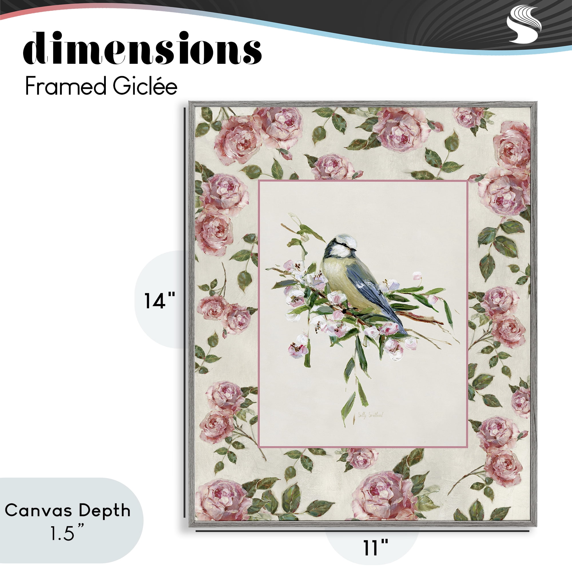 Stupell Industries Dainty Roses & Perched Bird Gray Framed Giclee Art, design by Sally Swatland