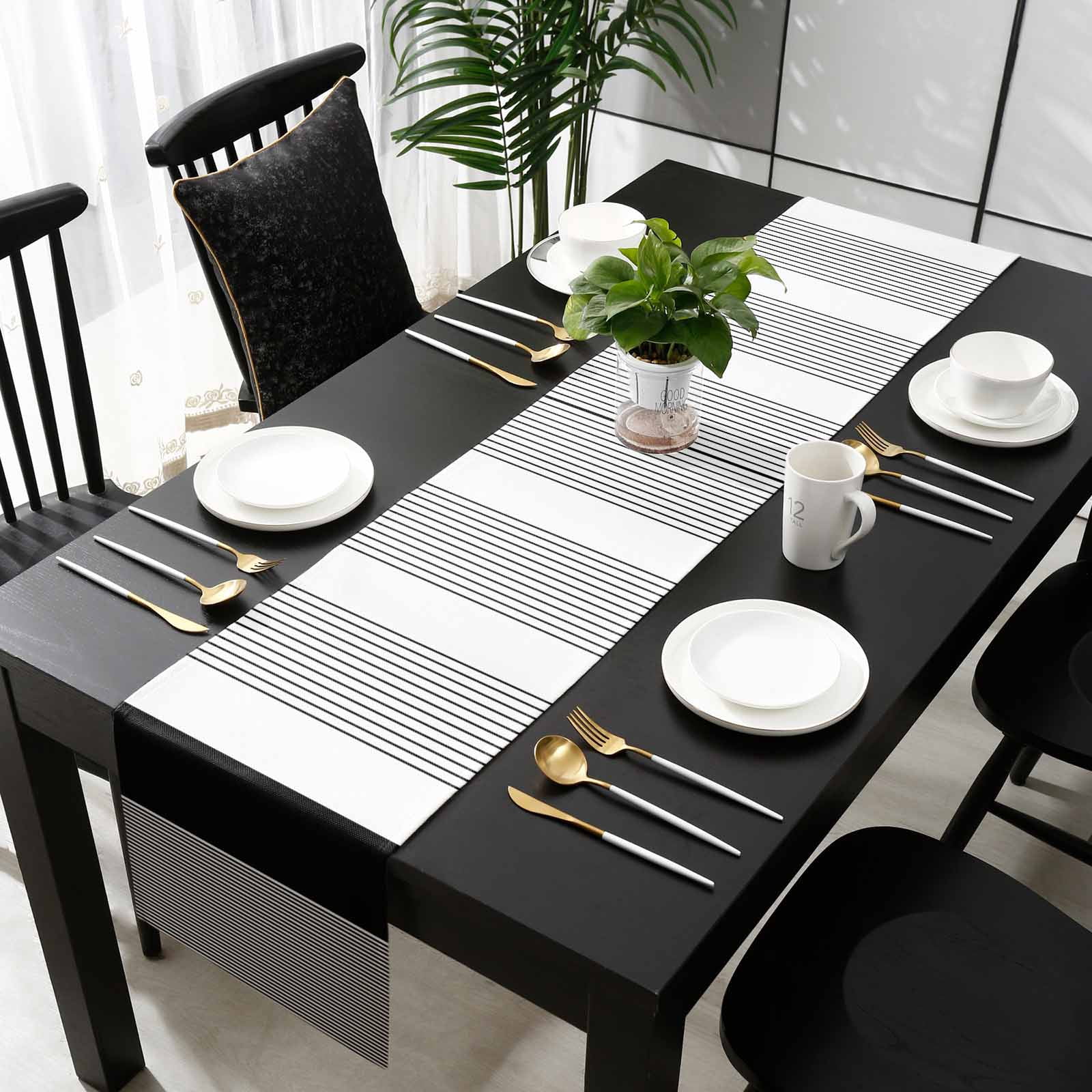 Black Stripe Table Runner 70 Inches Long, Modern Rustic Horizontal Black Striped Kitchen Coffee Dining Table Decoration for Home Party Birthday Wedding Home Decor 13x70 Inches