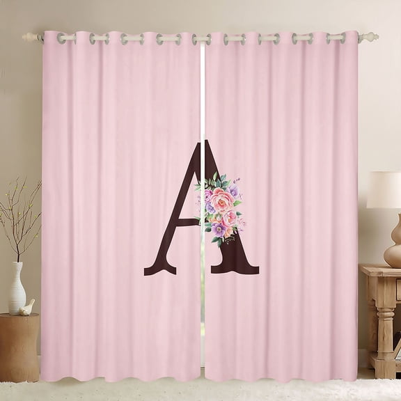 Erosebridal A Personalized Initial Girl Black Out Curtains,Teens Floral Rose Flowers Curtains Pack of 2 (42x63 Each)