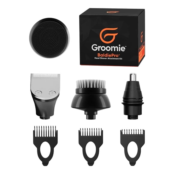 Groomie 7-Piece Men's Hair Clippers & Grooming Kit - Includes Precision Clipper, 3-5-7mm Clipper Guards, Ear & Nose Trimmers, Exfoliation Brush, and Pre-Shave Massager - Perfect