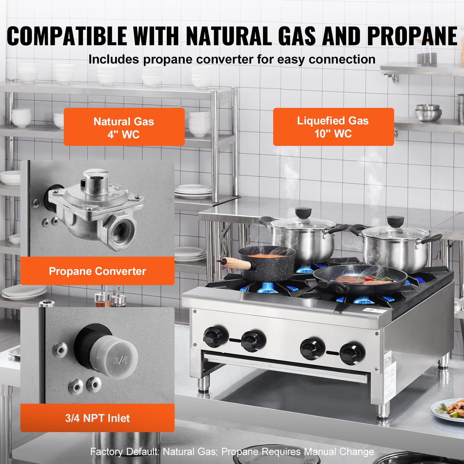 SKYSHALO Gas Cooktop for Commercial Use, 4-Burner Range, Dual Fuel with Propane & Natural Gas, Stainless Steel Construction, Ideal for Restaurants, 112,000 BTU