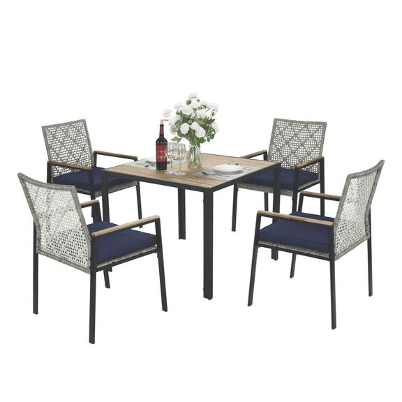 IVV 5-Piece All-Weather Patio Dining Set - Acacia Wood Tabletop with Umbrella Hole, Stackable Rattan Armchairs with Cushions - Outdoor Furniture Set for Garden, Balcony, or Backyard (Light Gray)