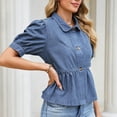 thumbnail image 4 of Karymi Womens Workout Tops Denim Peplum Blouse, Collar Short Sleeve Button-Down Shirt, Puff Sleeve Ruffled Hem Babydoll Top Short Sleeve Shirts for Women, 4 of 8