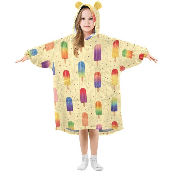 Kids Wearable Blanket Hoodie with 2 Pockets Colorful Popsicles Pattern Oversize Blankets Sweatshirt for Children Small
