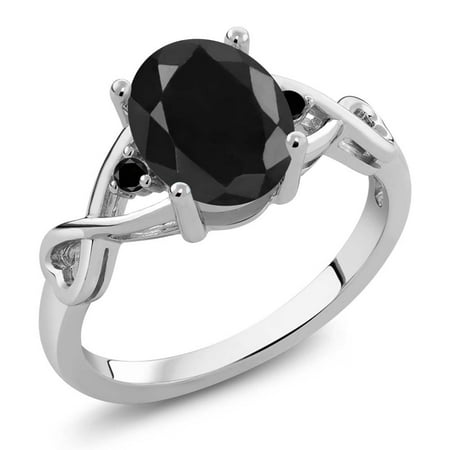 Gem Stone King 2.60 Cttw Black Sapphire and Black Diamond 3-Stone Engagement Ring for Women | 925 Sterling Silver | Three Stone Wedding Engagement Anniversary Promise Ring for Women | Size 6