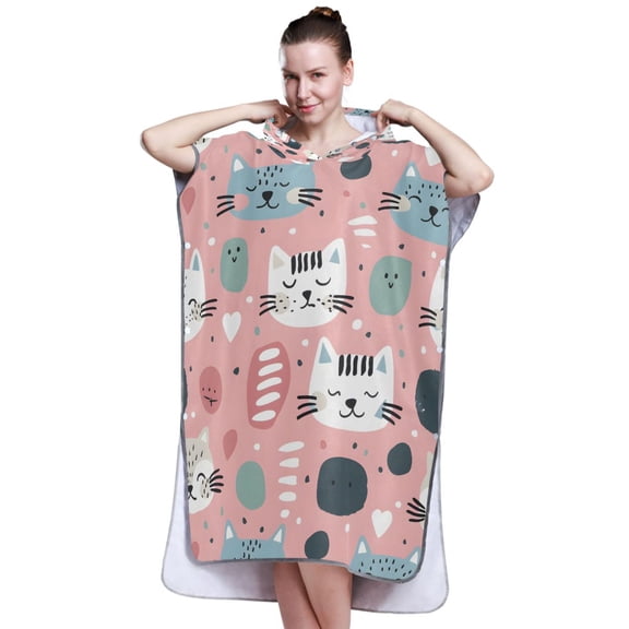 Hooded Beach Towel Adult Bath Poncho Towels Soft Absorbent Quick Dry for Surf Swim Pool Men Women Teens Hand Drawn Cute Cat