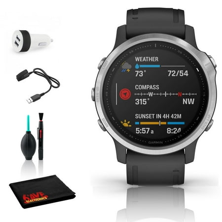 Garmin Fenix 6S Multisport GPS Smartwatch (42mm, Silver / Black Band) with Cleaning Kit and 2-Port USB Car Charger