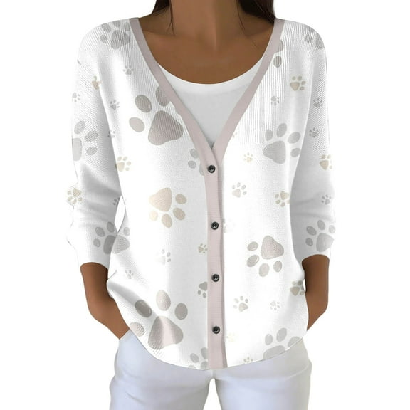 Women's Sweater V-Neck Long Sleeve Paw Print Button Front Cardigan Open Front Knit Top Jacket for Casual Outfits