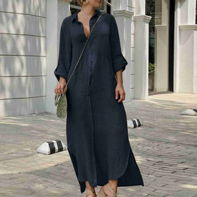 Fshaion Robe d'Été pour Femmes 2024 Grande Taille Manches Mi-Longues Bouton Solide Lin Chemise Ample Longue Robe Liquidation à Moins de 10!