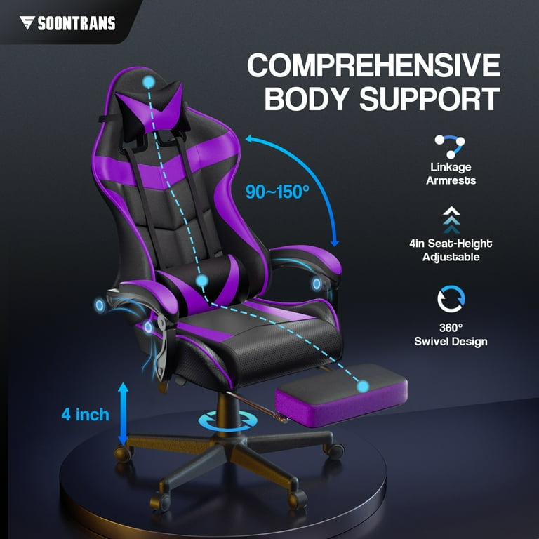 Soontrans Gaming Chair with Footrest, Ergonomic Lumbar Massage Pillow  Chair, PU Leather Office Chair, Purple