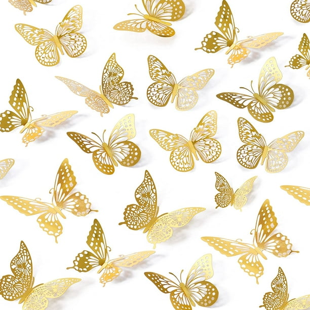 Xiao Hua Decoración de pared con mariposas, 48 piezas, 4 estilos, para cumpleaños, fiestas y tartas. Decoraciones doradas extraíbles (doradas, con estilos aleatorios).