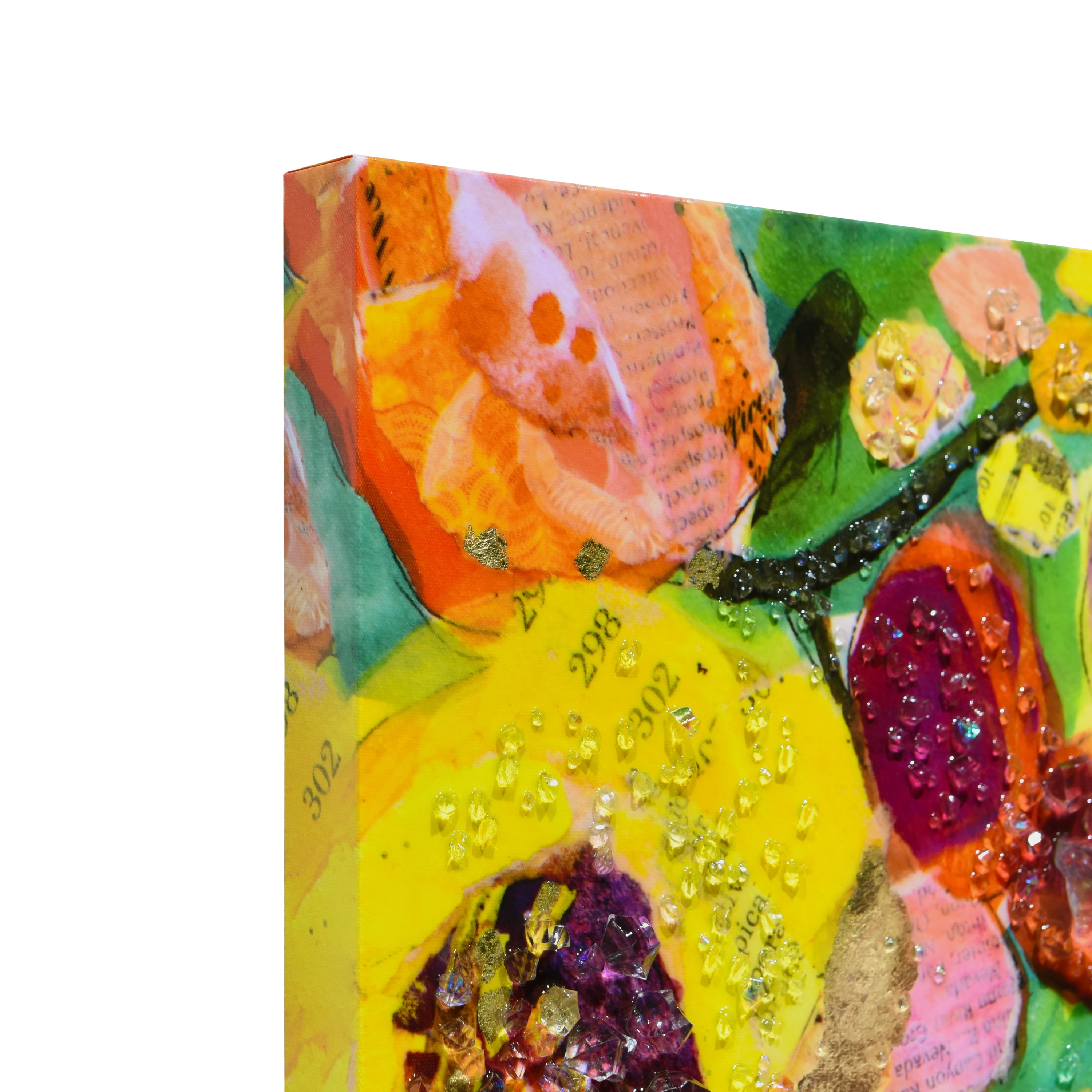 "Floral Radiance II" Crystallus Epoxy Coated Wrapped Glossy Canvas Wall Art with Heavy Acrylic Crystal Shards Embellishments