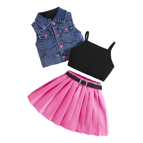 WOYY Toddler Girls Outfits Denim Vest Camisole Pleated Skirt with Belt Set, Sizes 2-3T