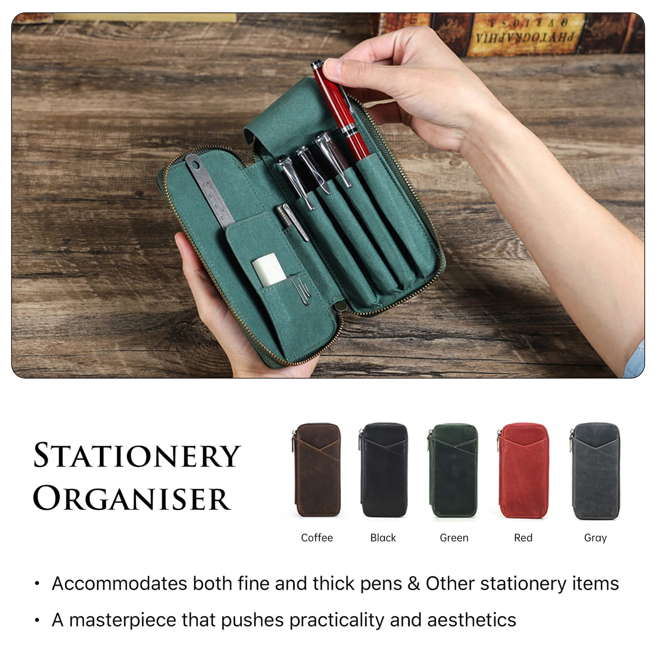 Hiram Genuine Leather Pencil Case with 4 Slots, Handmade Multifunctional Zipper Fountain Pen Bag, Student Stationery Pen Box (Green)