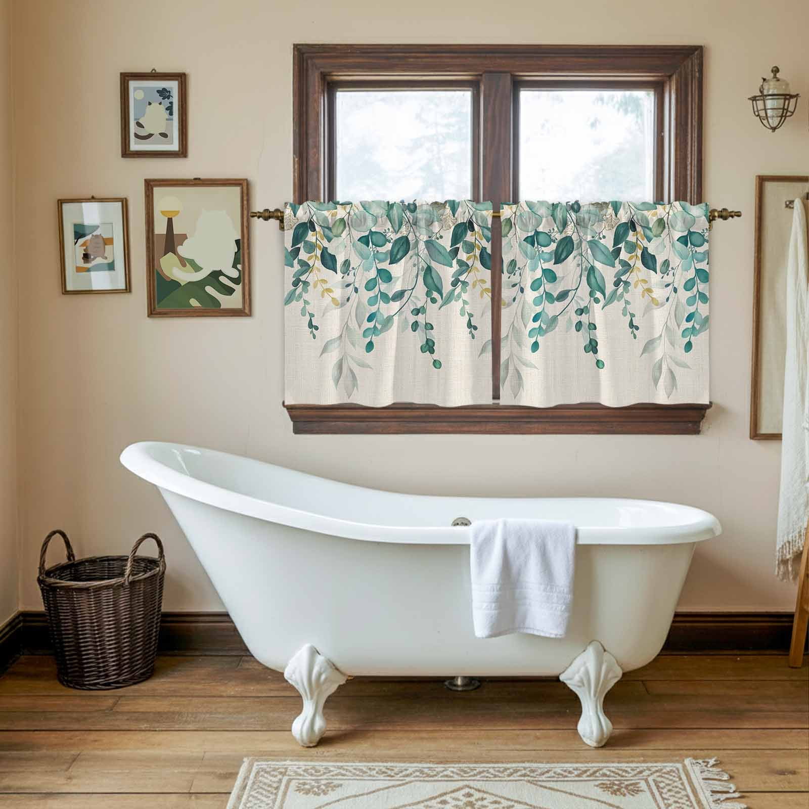 Teal Green Eucalyptus Tier Curtains 36 Inch Length, Farmhouse Weeping Leaves Linen Cafe Short Curtains for Bathroom Over Sink, Small Kitchen Curtain Light Filtering Tiered Drapes 2 Panels 27.5"Wx36"L