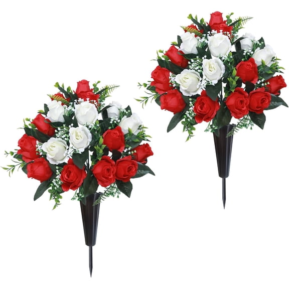 EnjinZZ Set of 2 Artificial Cemetery Flowers, Memorial Flowers Bouquet,Grave Memorial Flowers with Vase for Cemetery Headstones Decoration (Red White)