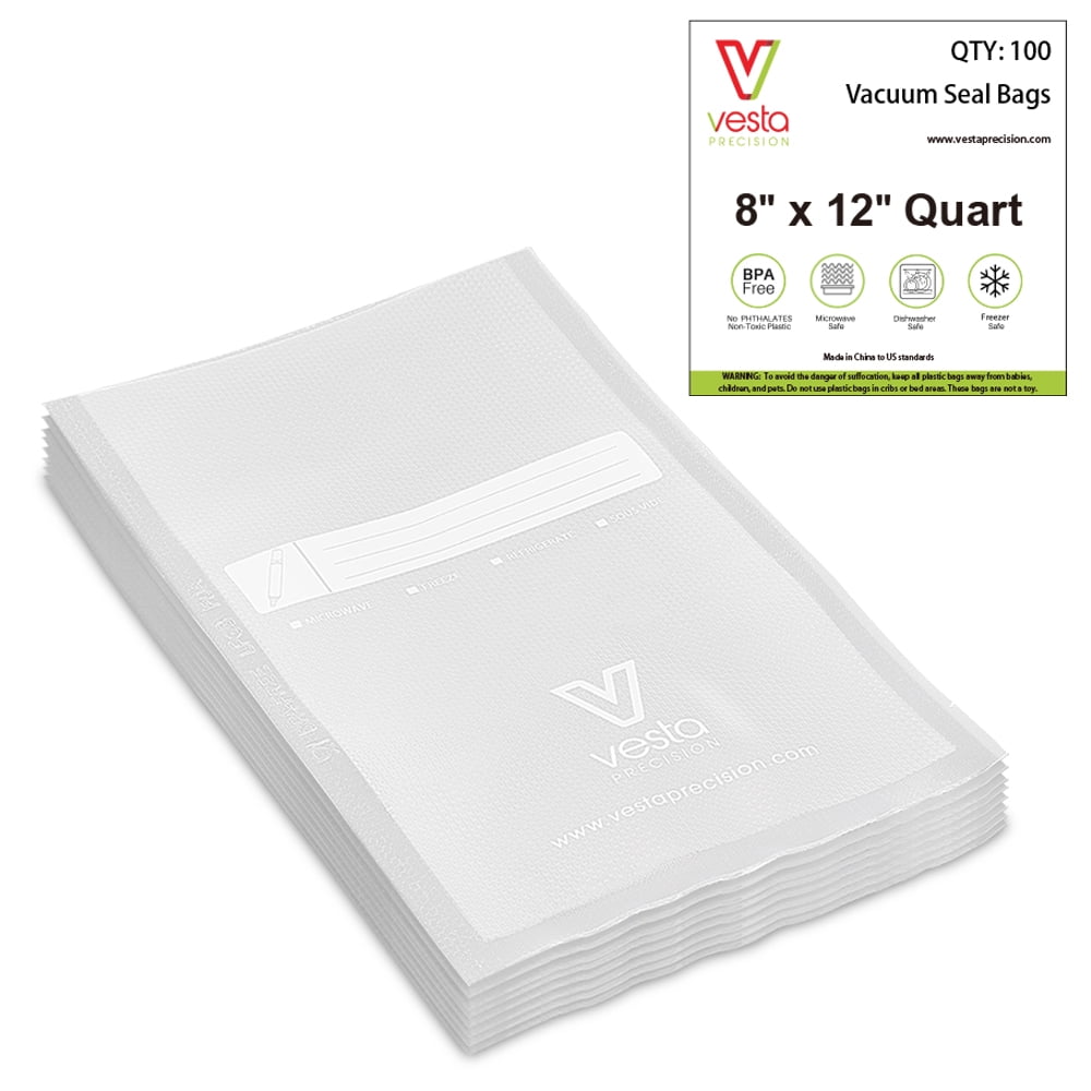 Vesta Precision Vacuum Seal Bags | 8x12 inch | Quart | 100 Count | Clear and Embossed