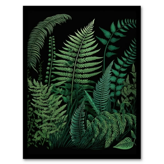 Elegant Fern Fronds Nature Foliage Botanical Artwork Teal Blue Green on Black Art Print Framed Poster Wall Decor 12x16 inch
