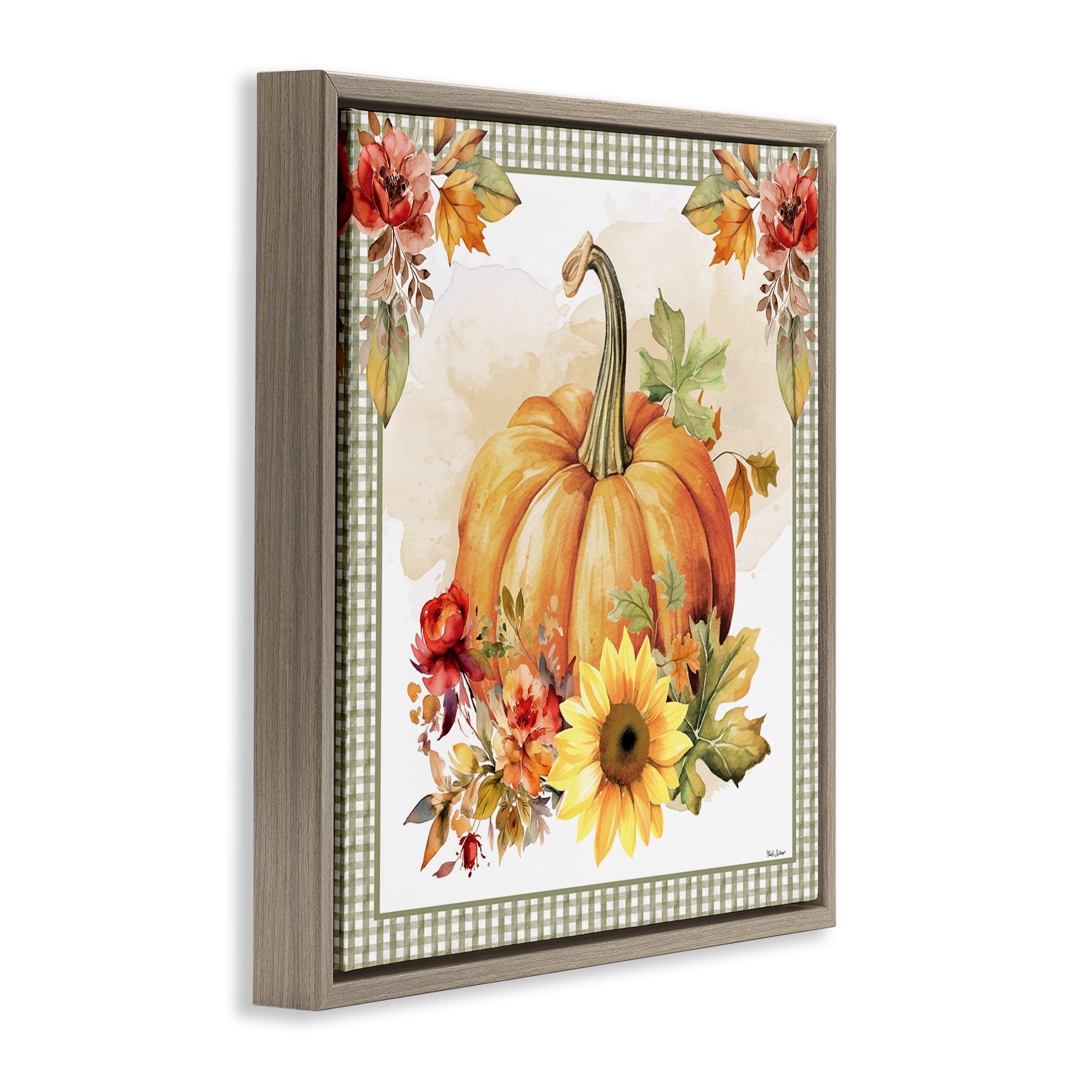 Stupell Industries Gingham Bordered Pumpkin Botanical & Floral Painting Brown Floater Framed Canvas Art Prints Wall Art, 25 x 25