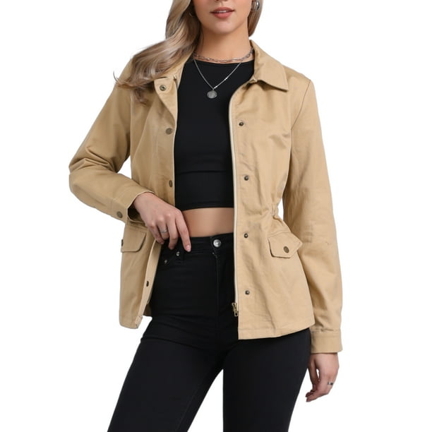 Chaquetas utilitarias para mujer INSPIRE CHIC con cintura ajustable, bolsillos con solapa, chaquetas con cremallera y botón en color caqui claro L
