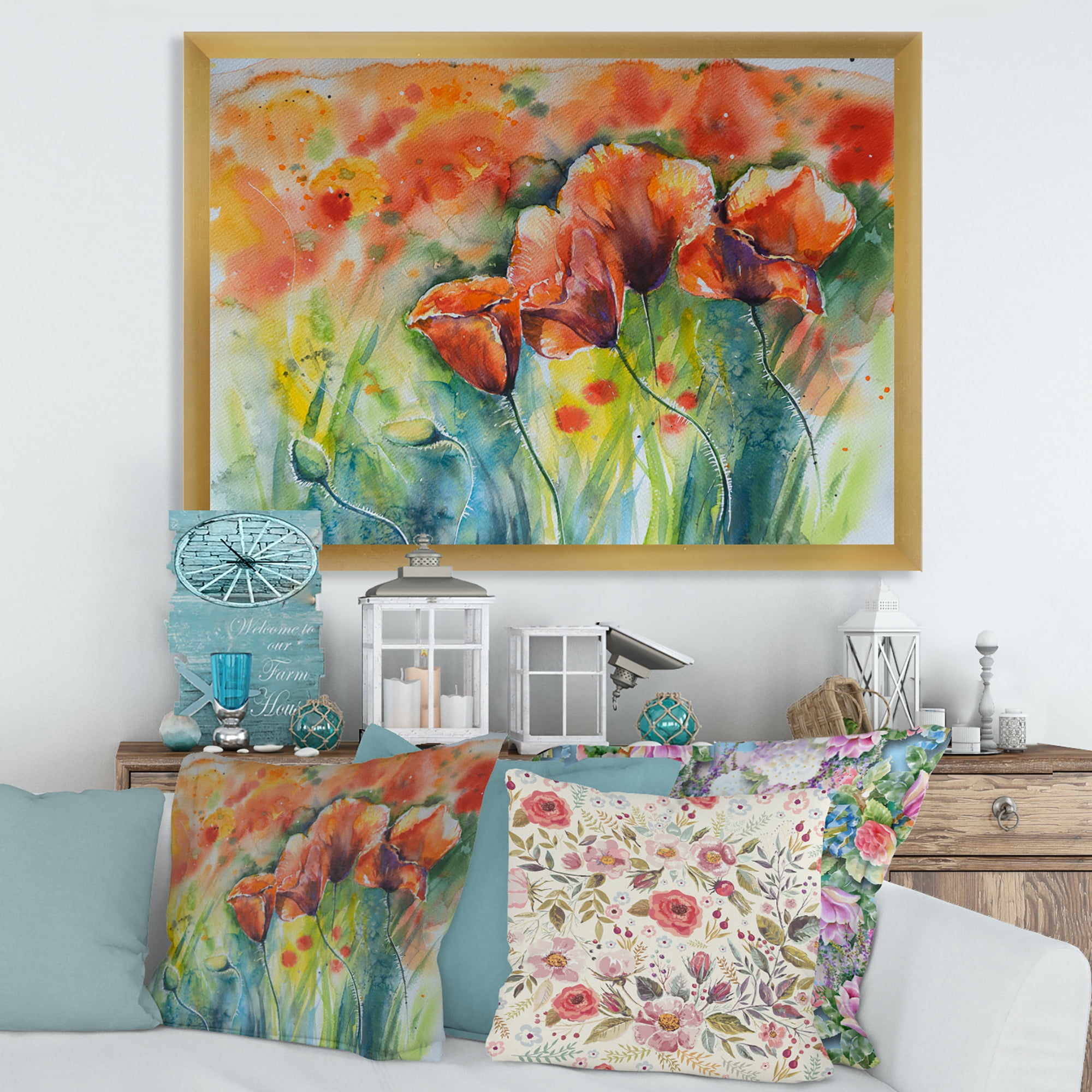 Designart 'Red Blossoming Poppies Over Wild Green IV' Traditional Framed Art Print