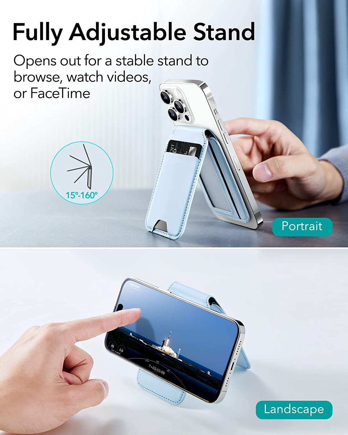MHAWBL-Magnetic Wallet, Compatible with MagSafe Wallet with Adjustable Stand, for iPhone 17e/17/16/15/14/13/12 Series, Not for iPhone 13/12 mini, 3 Card Holder, Vegan Leather, Blue