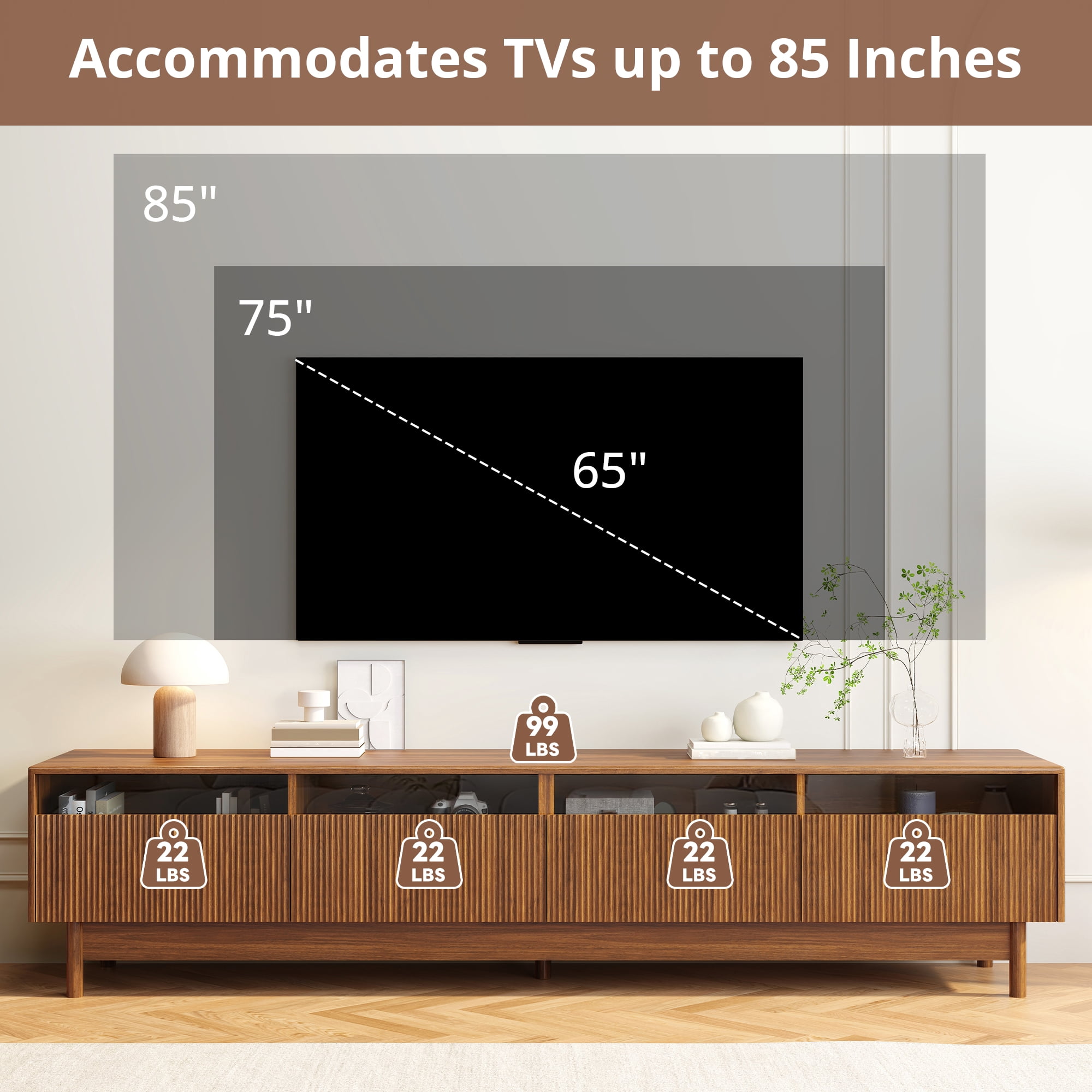 Homy Casa 78.7" Walnut TV Stand for 85" TVs with 4 Fluted Glass-Front Drawers and Cable Management