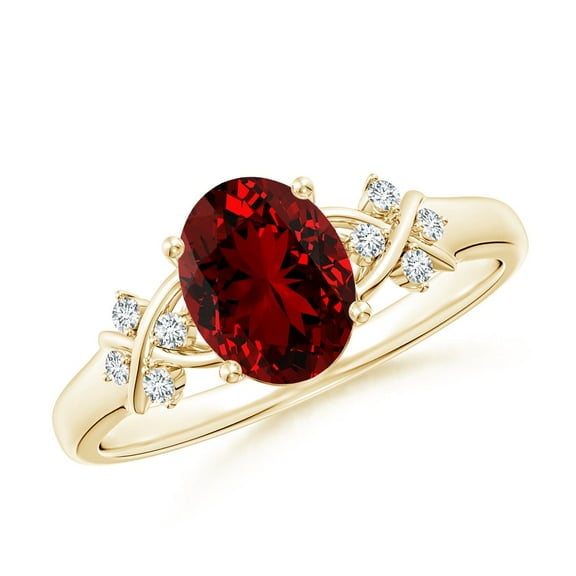 ANGARA Lab Grown 1.25 Ct Solitaire Oval Ruby Criss Cross Ring with Lab Diamonds for Women in 14K Yellow Gold (Size-8x6mm) | July Birthstone, Anniversary, Jewelry Gift for Women | Lab-Grown Ruby Ring