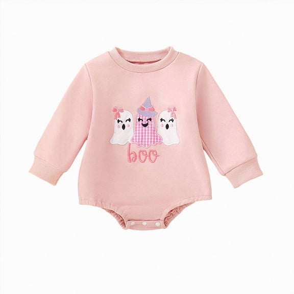 mgoYE Newborn Halloween Outfit Girl Boy Boo Ghost Romper Bubble Sweatshirt Bodysuit Fall Shirt Halloween Baby Clothes(Pink,0-3 Months)