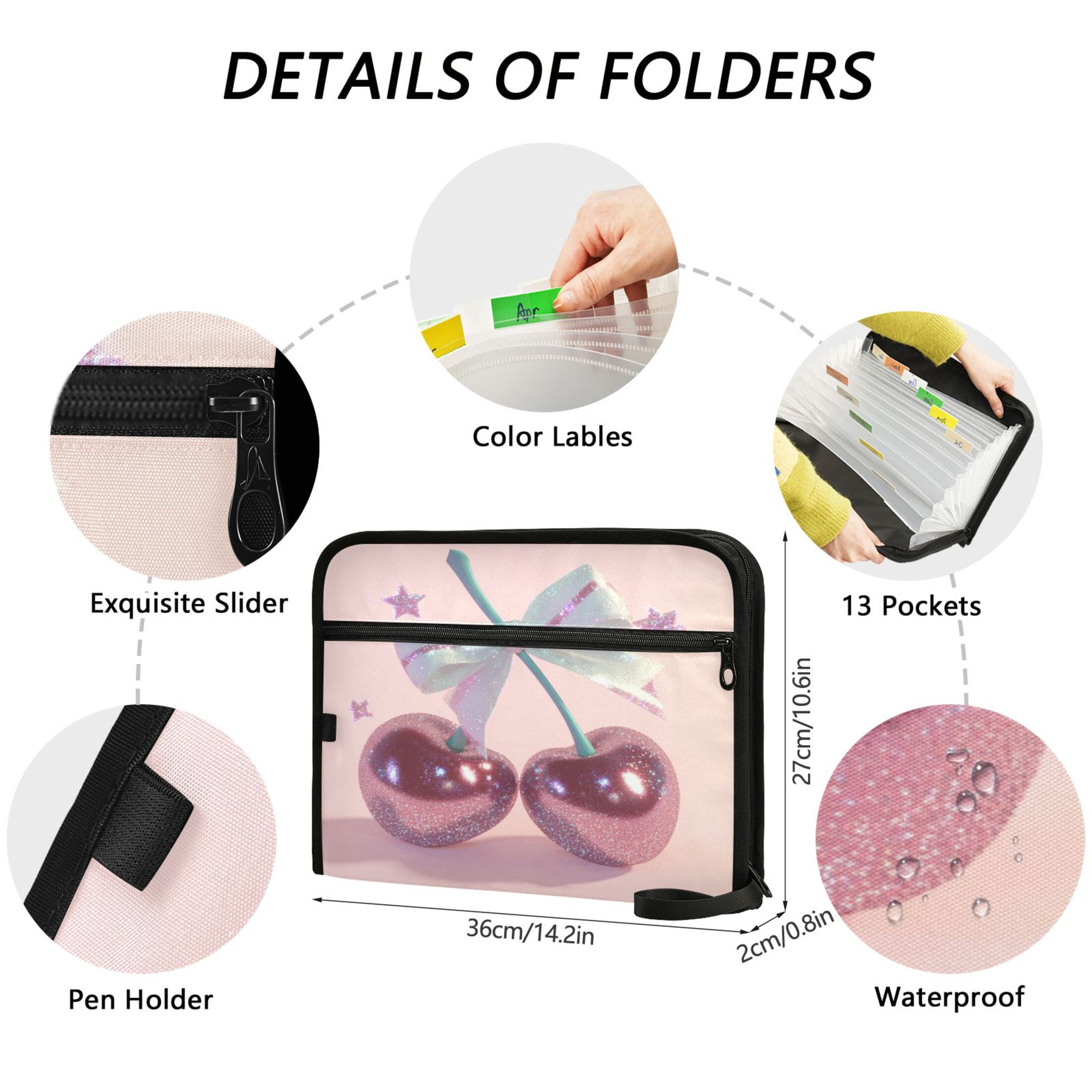 Accordion File Organizer with Zip Closure 13 Pockets Expanding File Folder Letter A4 Paper Document Organizer for Home Office Pink Large Cherries