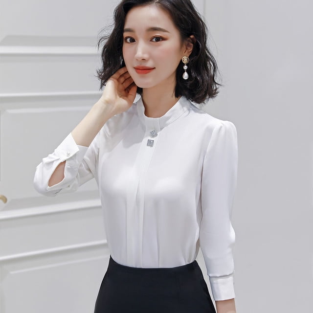 Chiffon Blouse for Women Long Sleeve White Mint Green Formal Tops Formal Wear OL Ladies Work Wear 2024 Spring