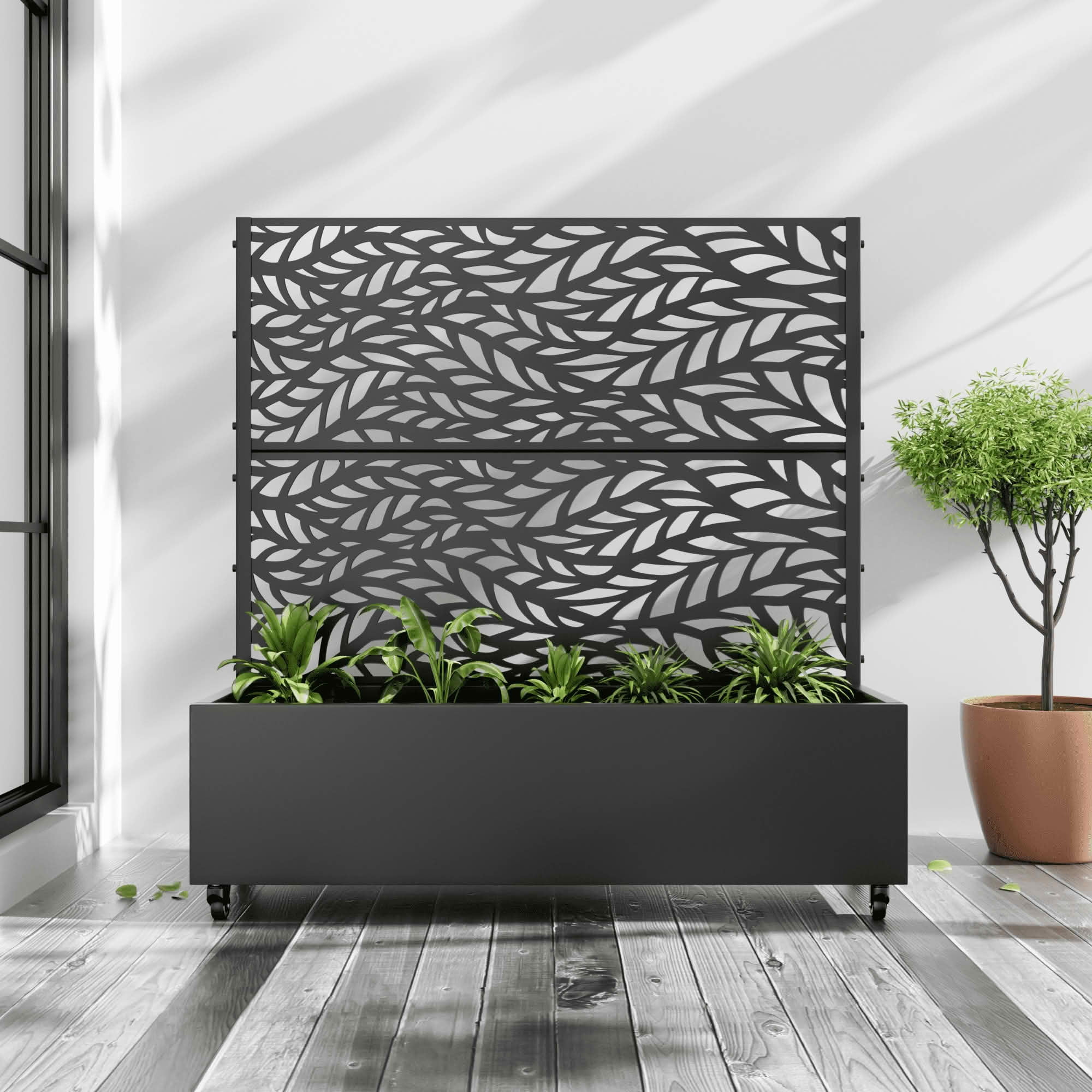 MAYEERTY 47x47x16 Inch Black Metal Rectangular Planter Box with Trellis, 2 Piece Set for Outdoor Garden & Patio