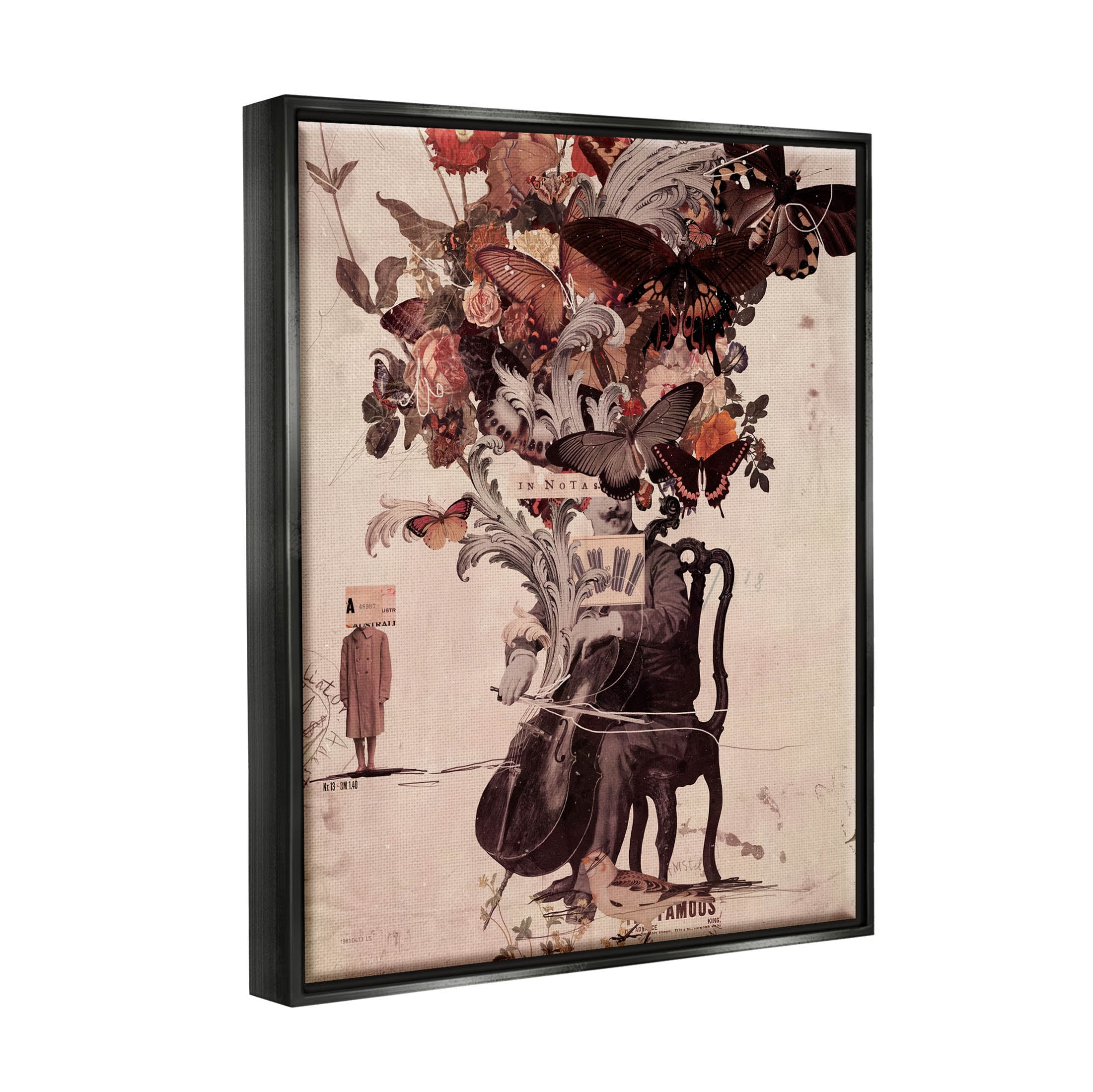 Stupell Industries Musician Butterfly Botanicals Collage Graphic Art Jet Black Floating Framed Canvas Print Wall Art, Design by Matheus Lopes Castro