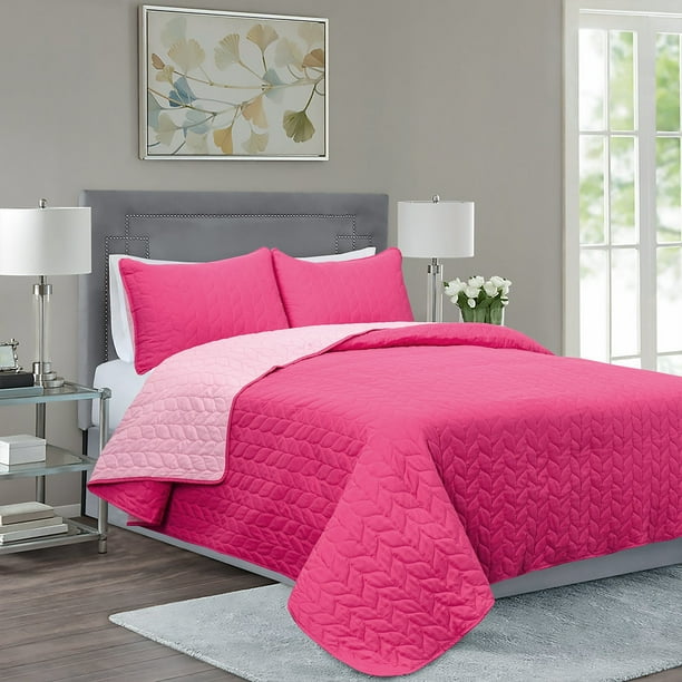 3 Piece Oversize Bedspread Set, Lightweight Microfiber, Hot Pink, Queen