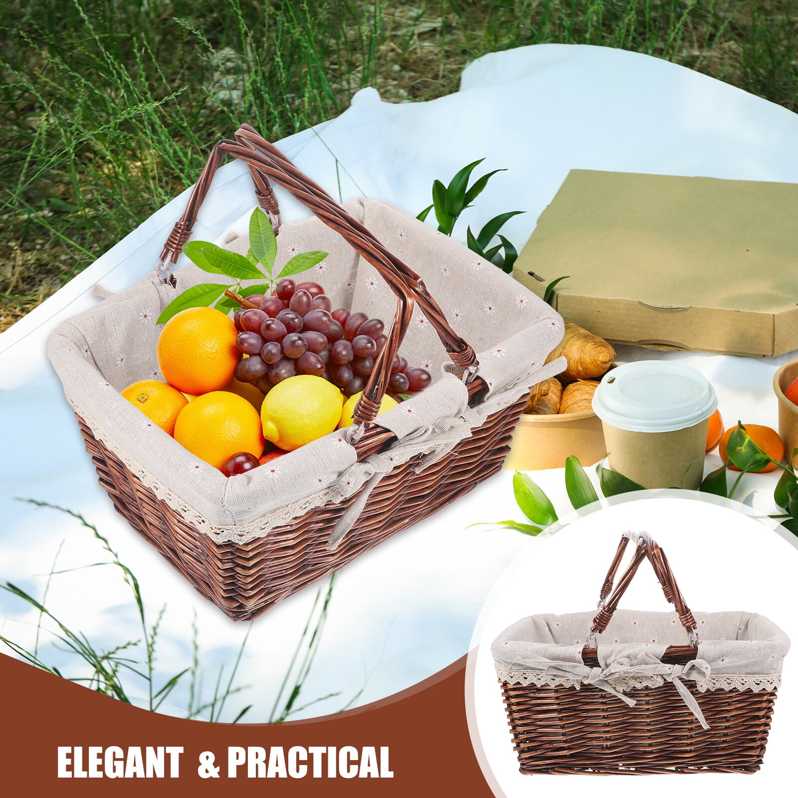 Pyramidti Wicker Picnic Basket with Handles & Liner Oval Empty Gift Basket Willow Woven Easter Eggs & Candy Storage Basket Fruit Serving Basket Kids Blanket Toy Organizer