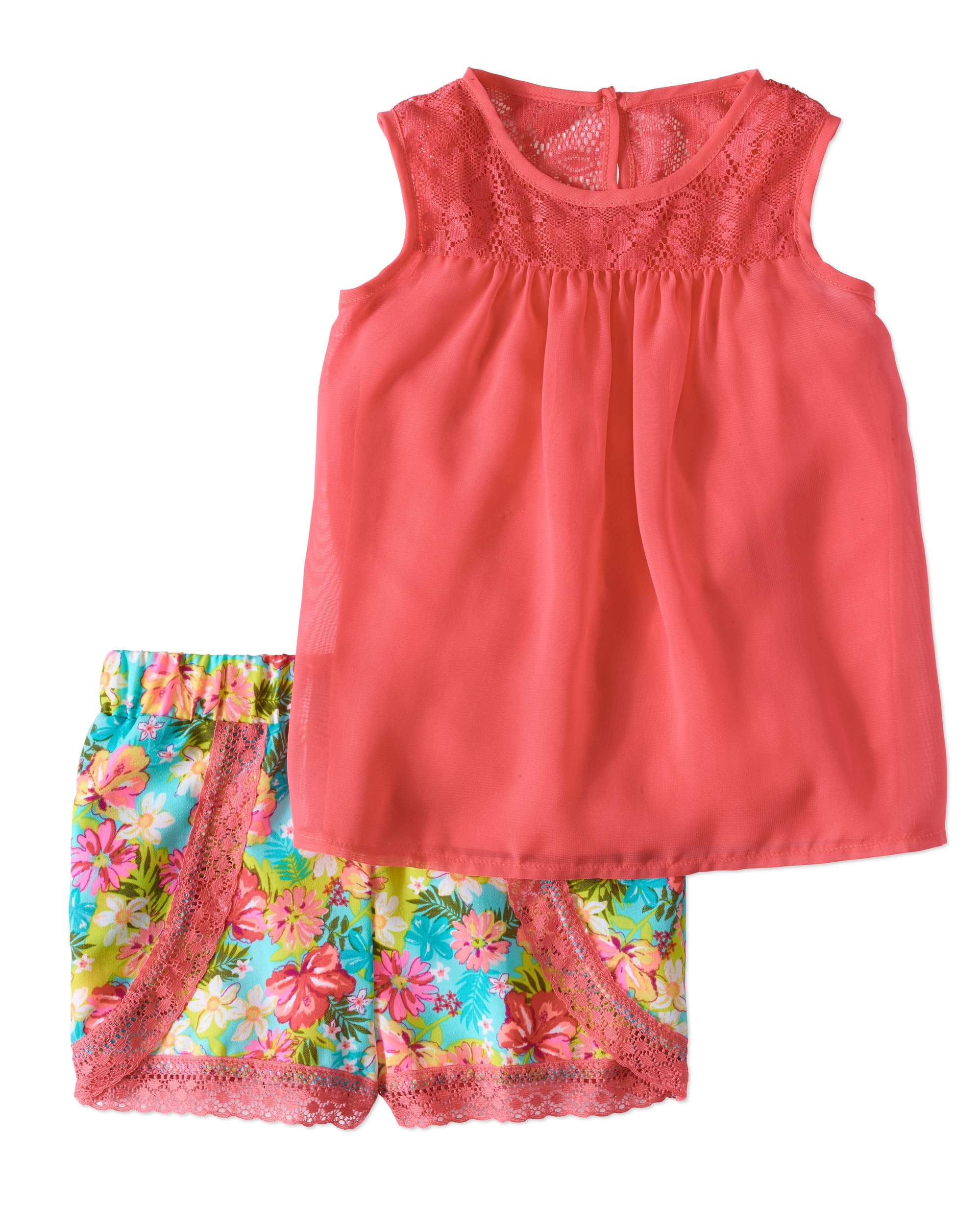 Toddler Girl Chiffon Tank Top & Printed Lace Trim Shorts, 2Pc Outfit
