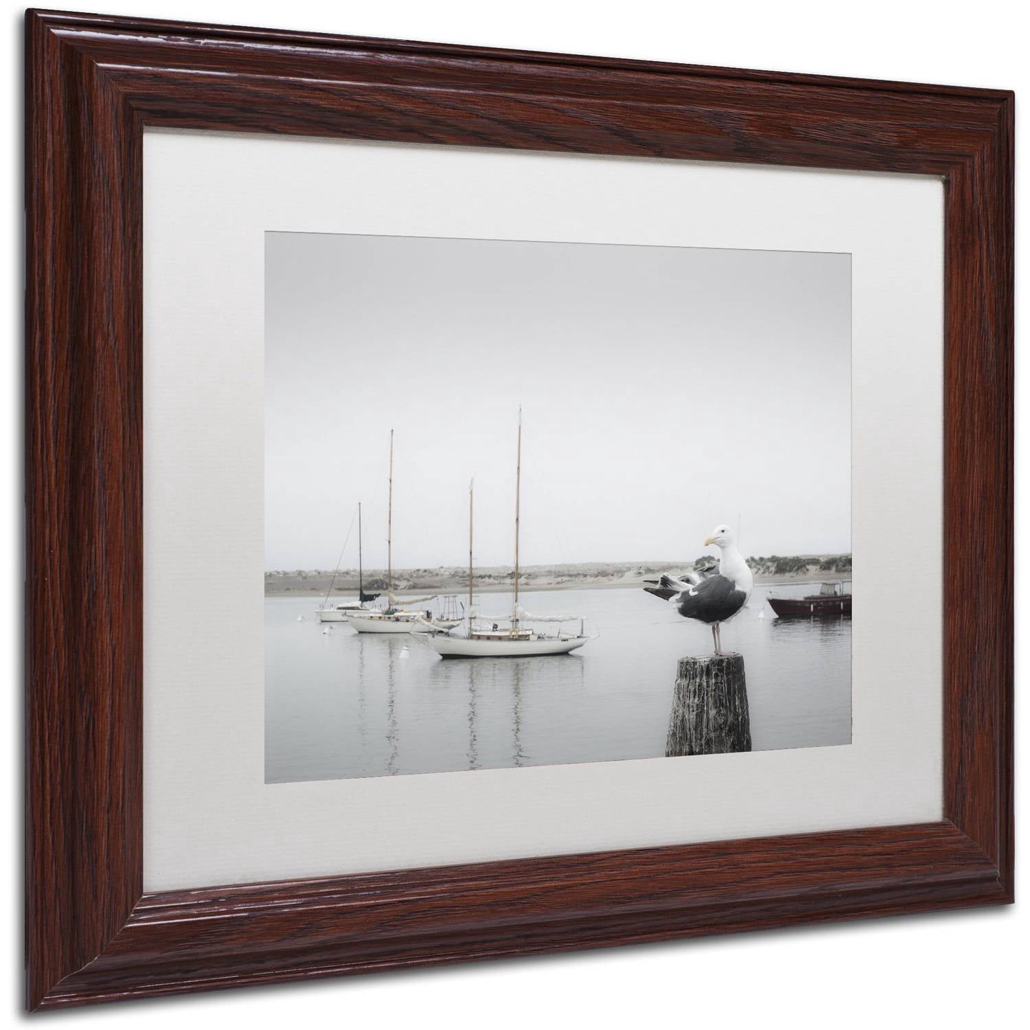 Trademark Fine Art "Four Boats and Seagull" Canvas Art by Moises Levy White Matte, Wood Frame