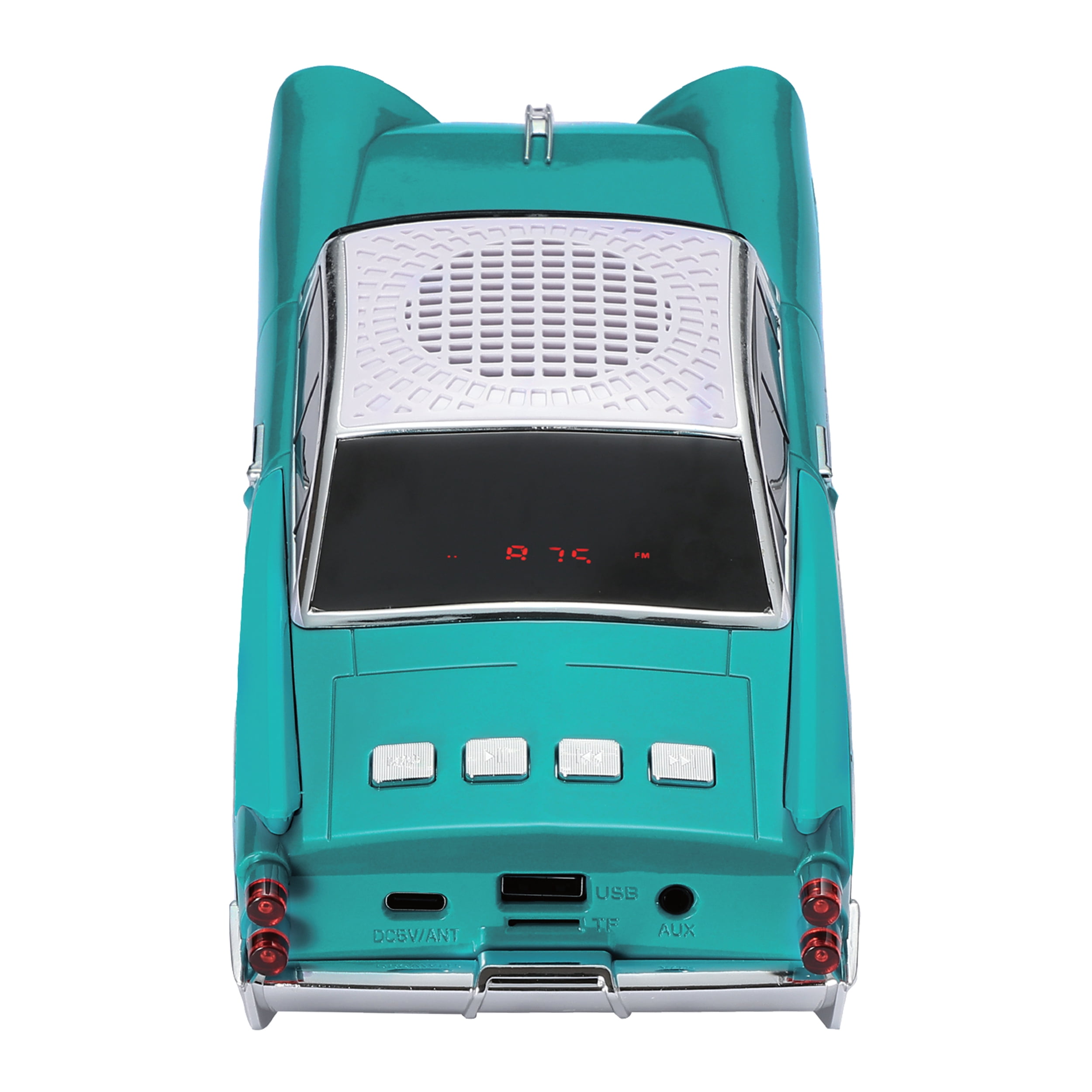 QFX Bluetooth 1959 Retro Classic Car Speaker, Dual 2-inch Speakers, Hands-Free Link, Built-in Microphone, FM Radio, and LED Party Lights, Emerald - BT-1959-EMR