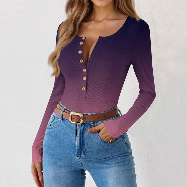Henly Tops Long Sleeve Shirt Women Casual Fall Tops Henley Button Down Blouses Basic Ribbed Knit T Shirts 2024 Slim Fit Tee Long Sleeves Tops For Women