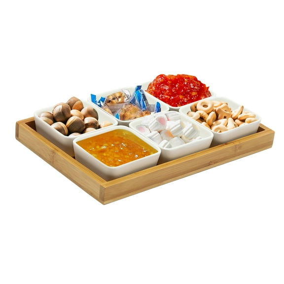 Vintoro Ceramic Snack Serving Tray with 6 Bowls and Lids, Serving Platter, Removable Compartment Bowls