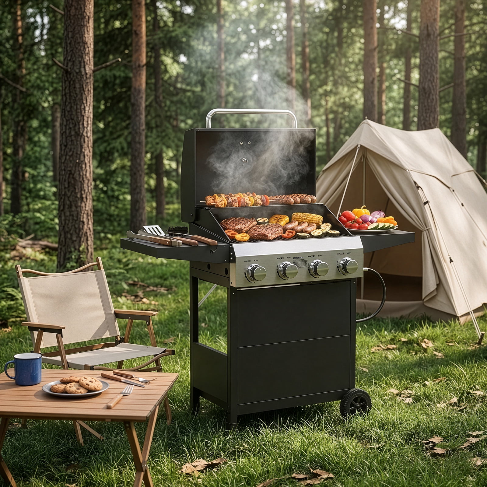 Ktaxon 4 Burner Propane Grill Gas Grill 48000 BTU with Lid,Ceramic Coated Cast Iron Rack,Side Shelves,Wheels