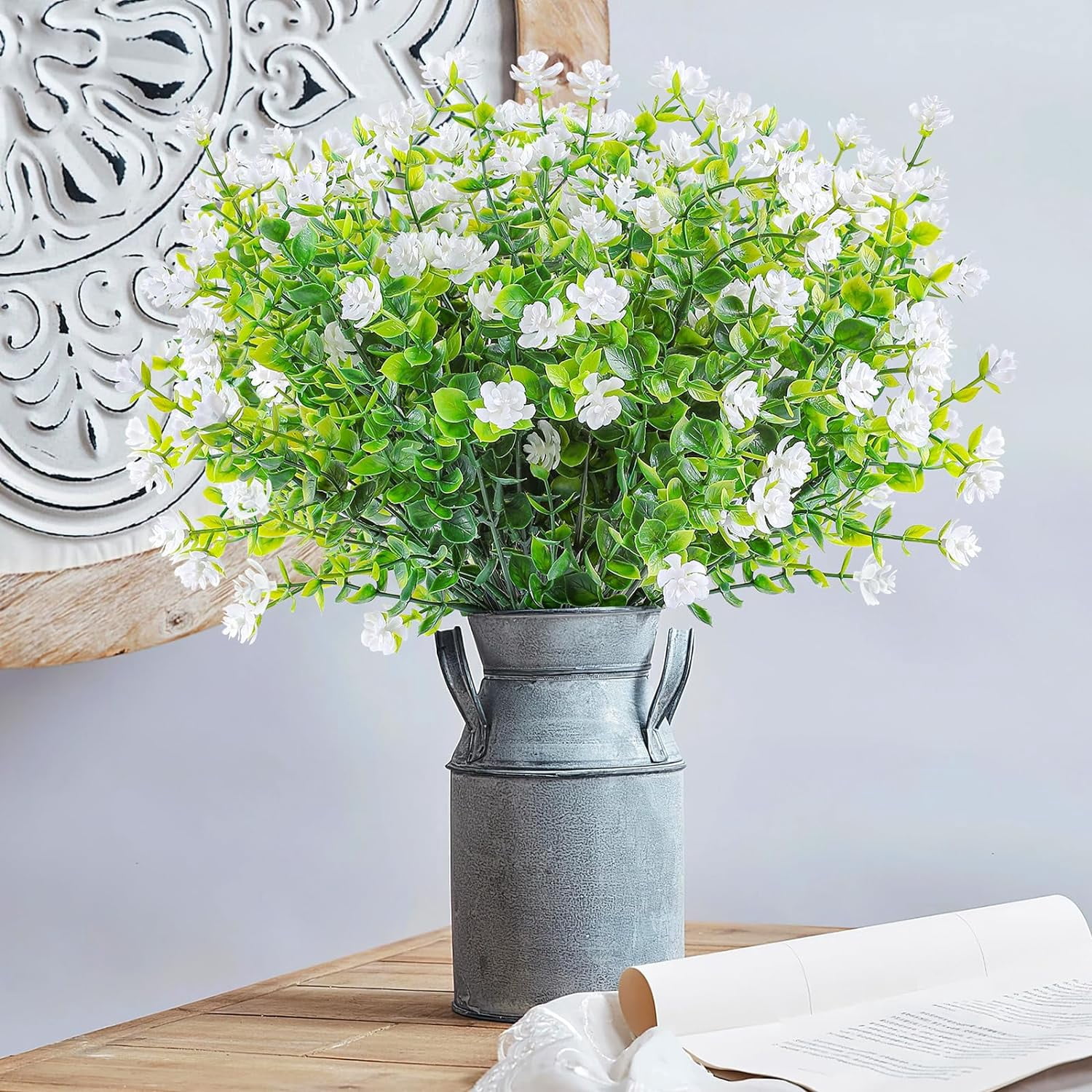 20 Bundles Artificial Flowers Outdoor UV Resistant Faux Flowers No Fade Fake Plastic Plants Garden Porch Window Box Decorating (Pure White)