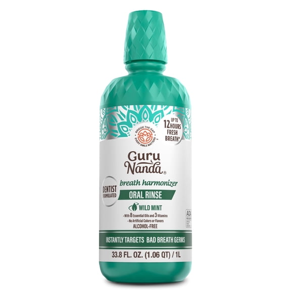 GuruNanda Oral Rinse - Alcohol-Free Mouthwash - Fresh Mint with 7 Essential Oils, Vitamins E,D & K2 - 33.8 oz