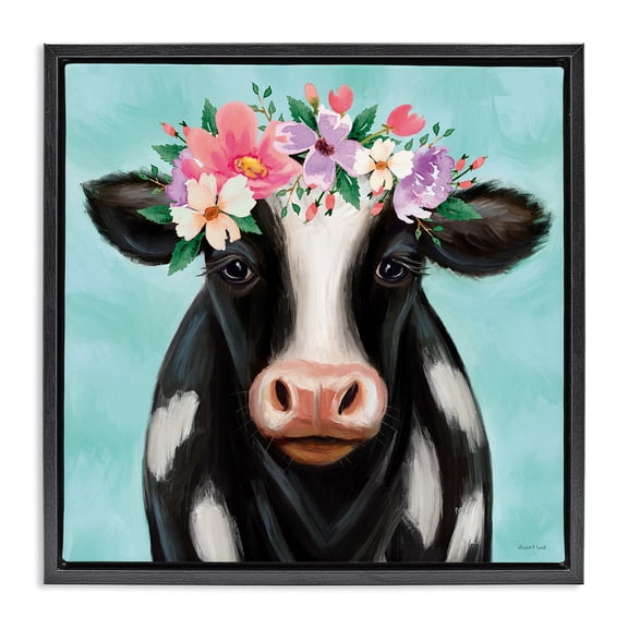 Stupell Industries Farmhouse Cow with Pastel Flowers Black Floating Frame Canvas Art, 18 x 18, by Elizabeth Tyndall