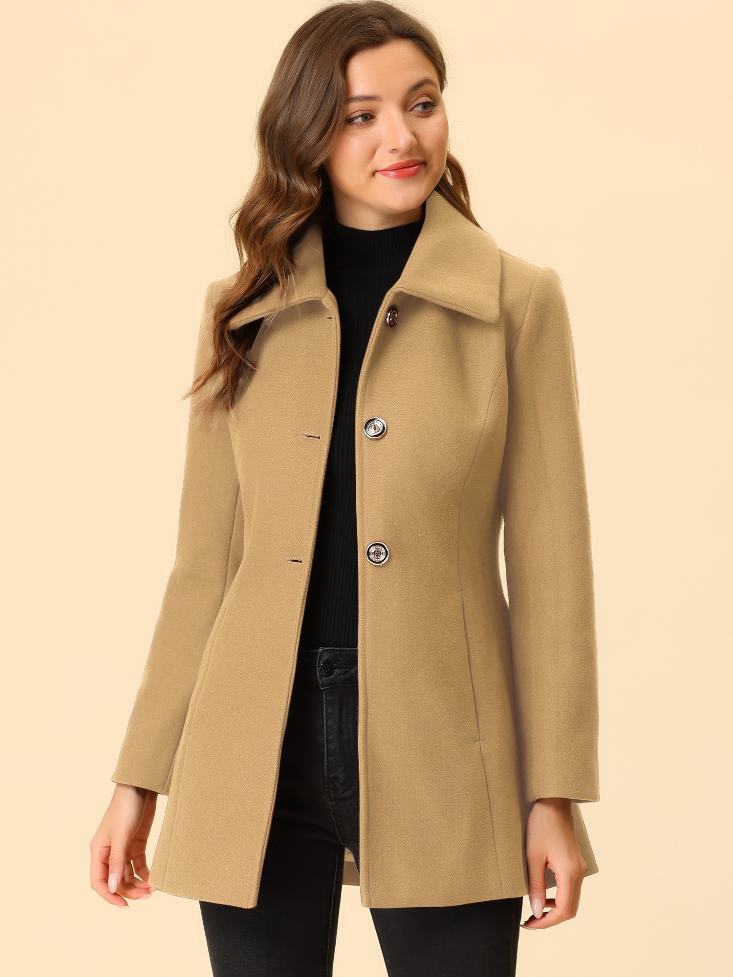 DARING DIVA Women's Turn-Down Collar Pockets Outwear Winter Coat M Khaki