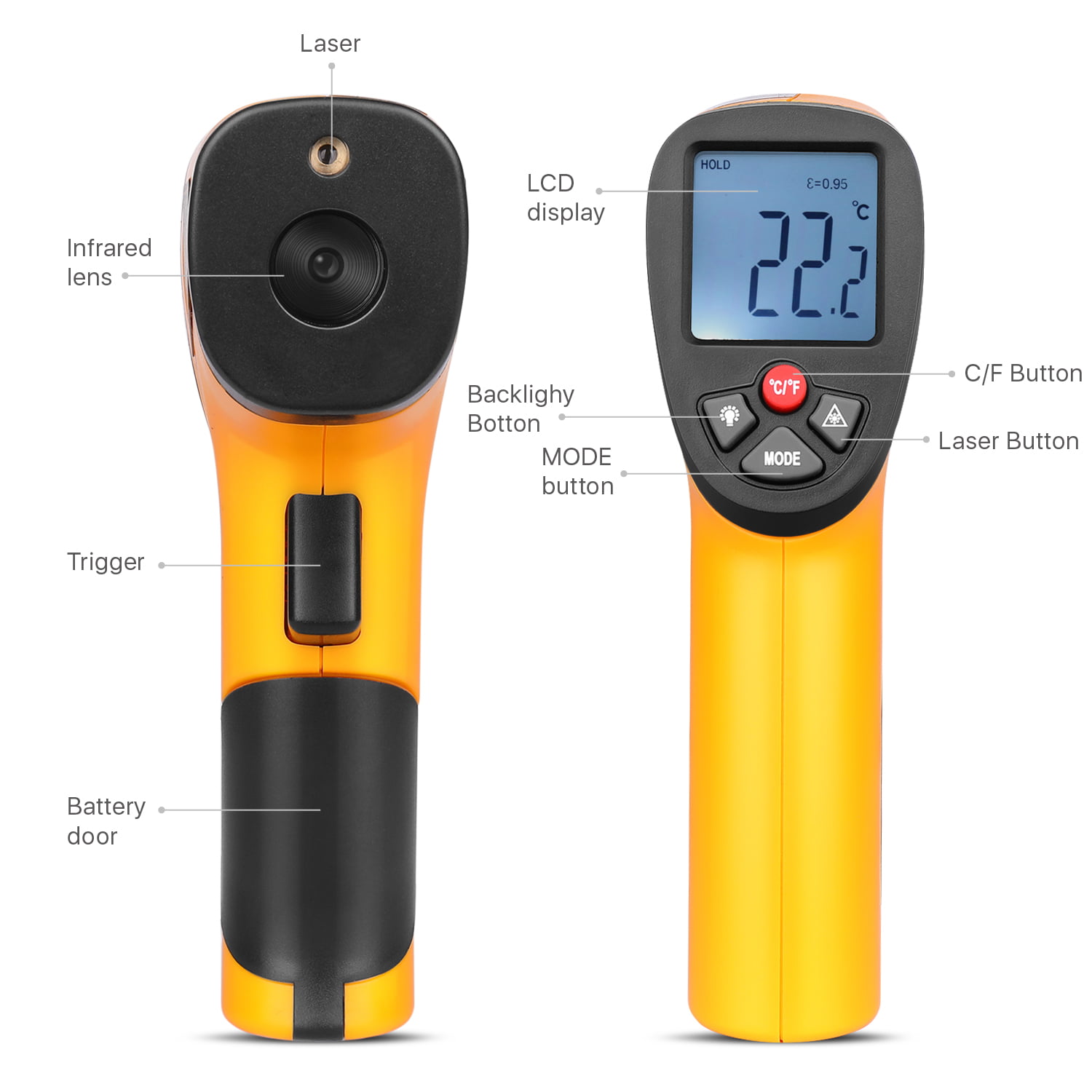 Mickcara Infrared Thermometer Non-Contact Temperature Meter Gun - 50~600°C Handheld Digital Industrial Outdoor Laser Pyrometer Thermometer 00415-1