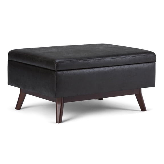 Owen 34 inch Wide Mid-Century Modern Coffee Table Storage Ottoman in Distressed Black Vegan Leather